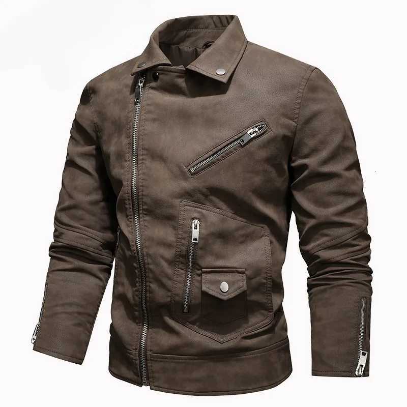 Mens Faux PU Leather Jacket Black Biker Coat with Diagonal Zipper Big Lapel Euro Size Korean Style Trendy Outerwear MotorcycleT251029