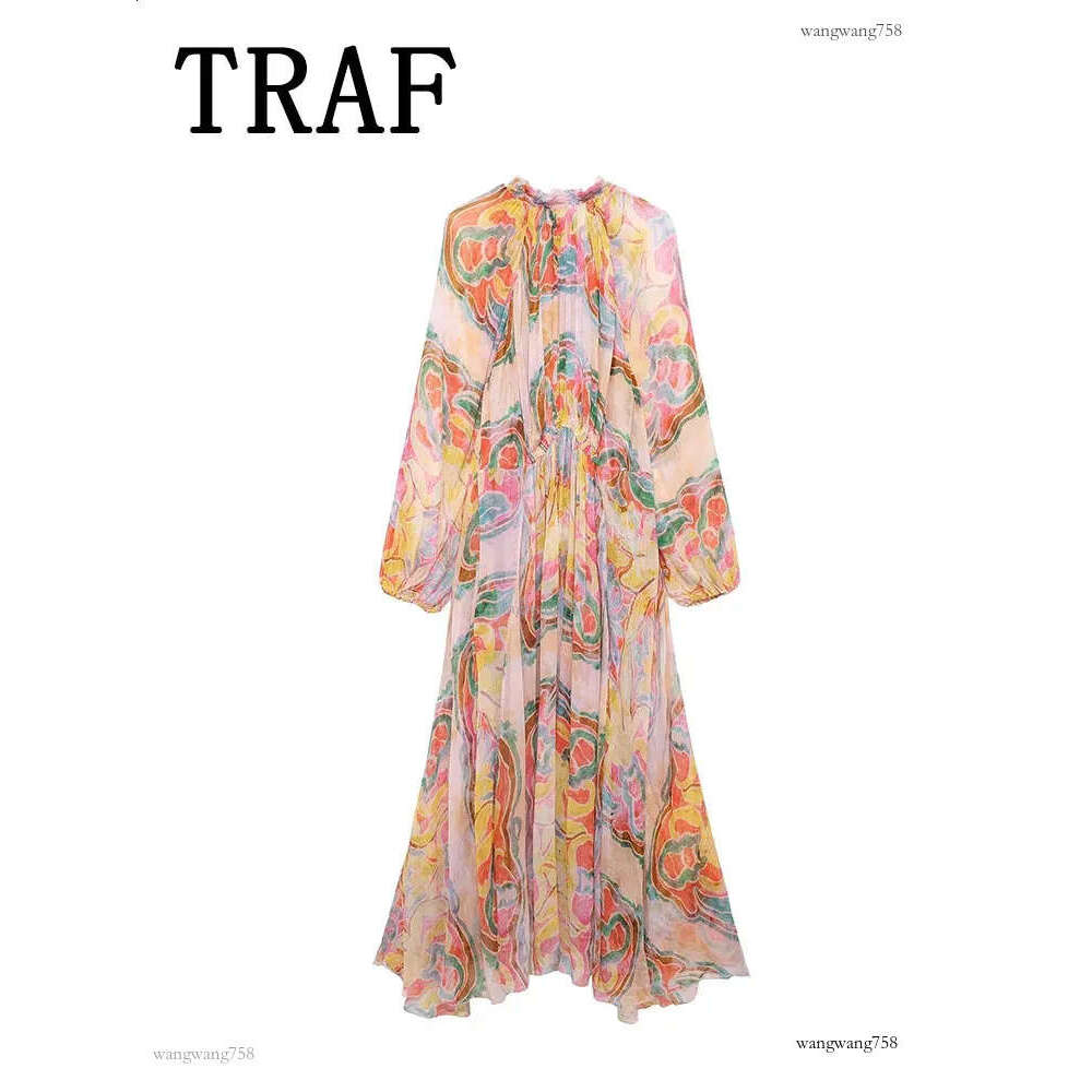 TRAF Womens Summer Midi Printed Long Sleeve Casual Elegant Party Dress 240828