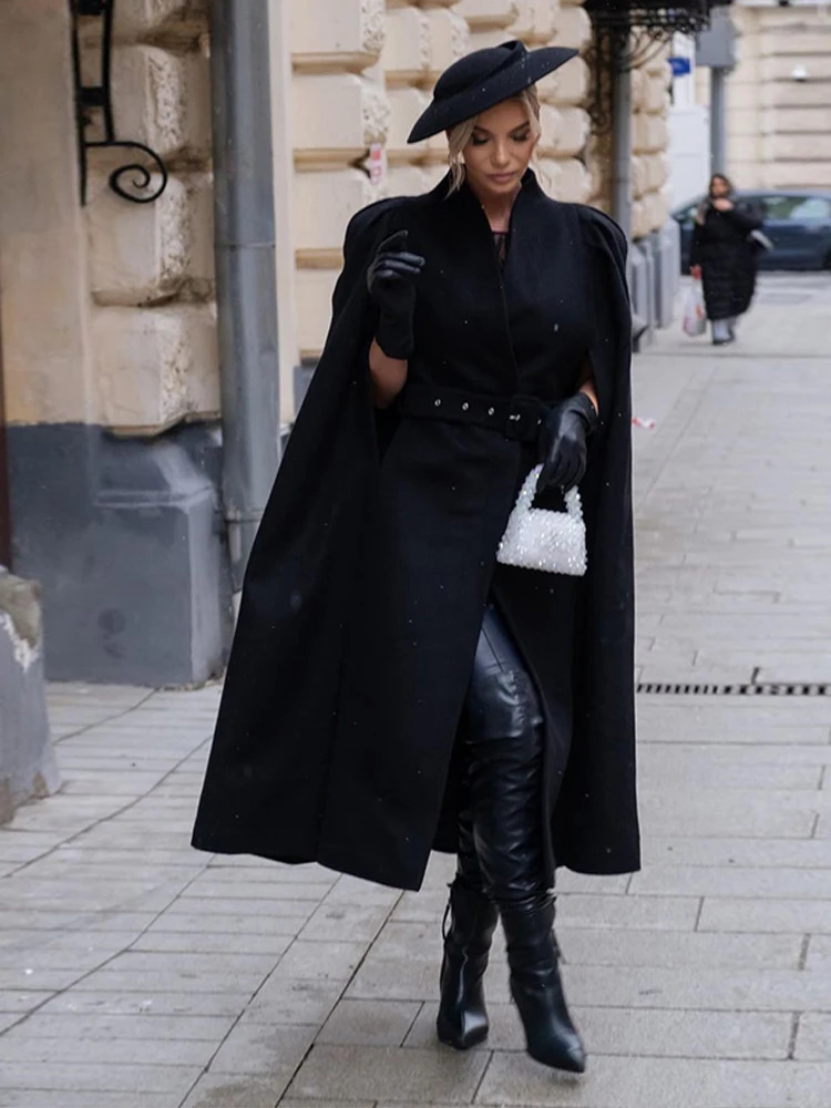 Elegant Belt Long Cloak Woolen Coat Woman Shoulder Pleats Solid Color VNeck Chic Coats Fashion Womens Warm Commute 251028