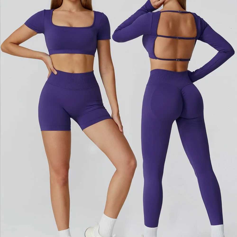 New Winter Seamless Long Sleeve Sports Suit Hollow Back Tops Leggings 2PCS Yoga Sets Padded Gym Shirt Shorts Running TracksuitsXJ251029