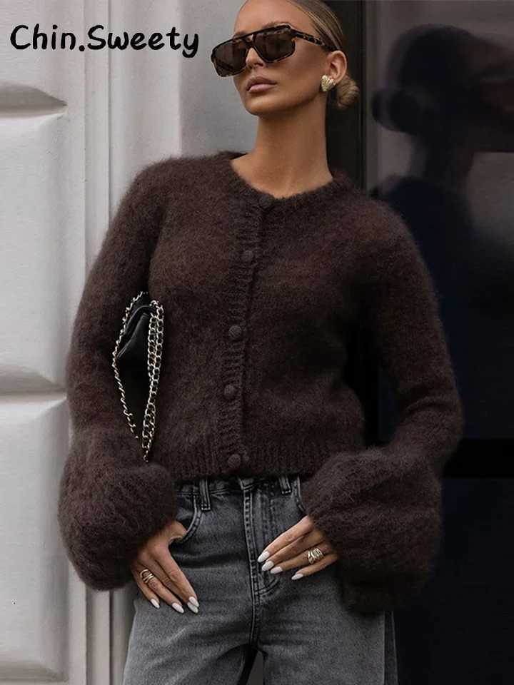 Chic Knitted Flare Sleeve Sweaters Women Loose Solid Oneck Single Breasted Sweater 2025 Autumn Winter Lady Allmatch KnitwearsT251028