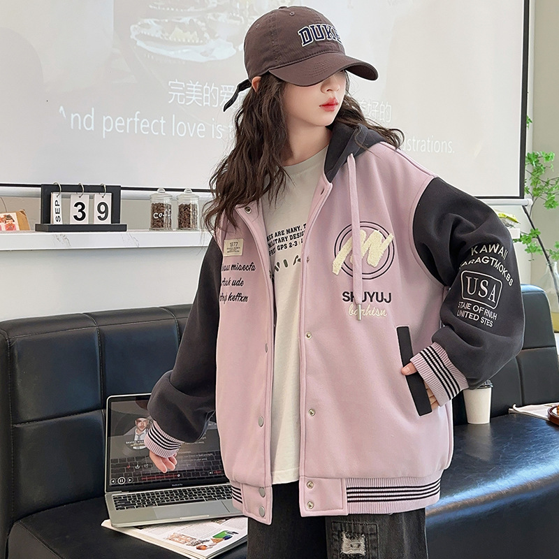 Girl designer fashionable autumn and winter jacket new Korean version loose letter color blocked hooded baseball jacket hoodie