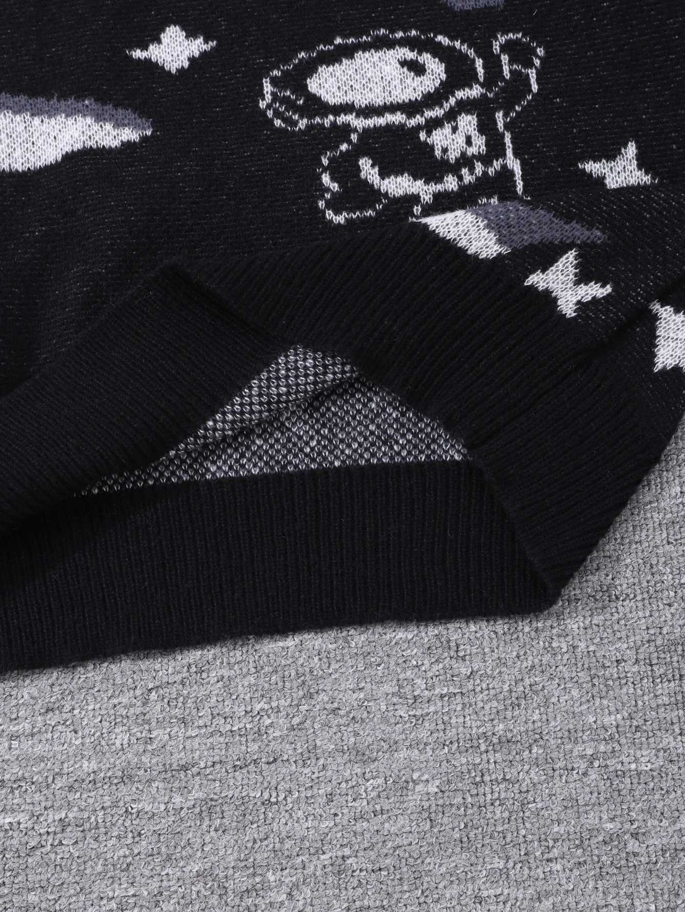 New Popular Spring Fall Astronaut StarPicking Jacquard Pattern Pullover Sweater Casual Round Neck Contrast Color Knitted Men J251029
