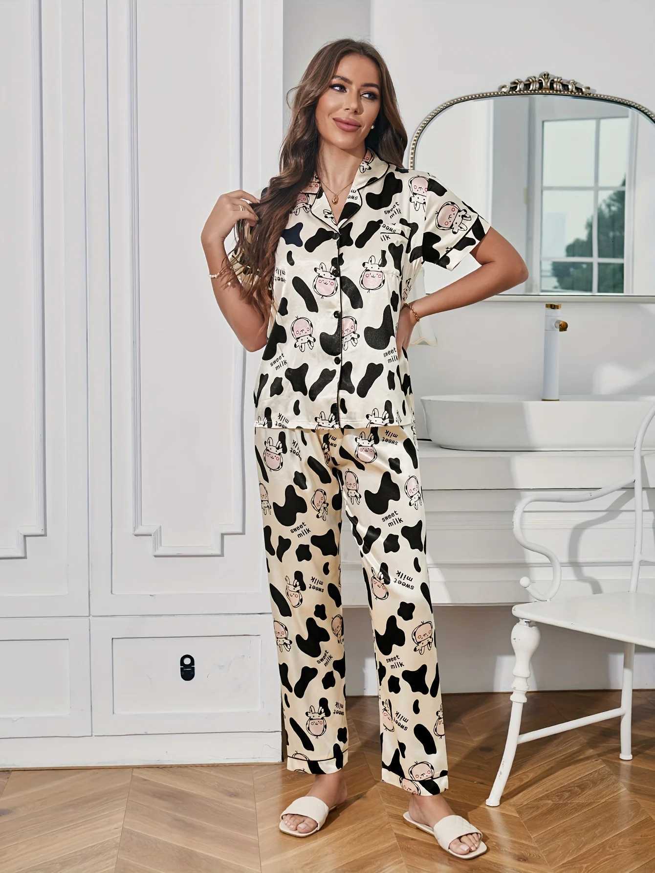 Womens Cute Cow Print Satin Casual Pajama Set Short Sleeve Buttons Lapel Top Pants Comfortable Relaxed FitT251029