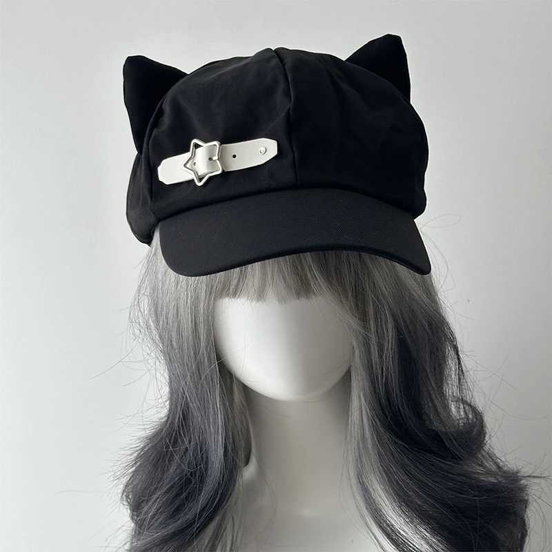 Womens Cats Ears Harajuku Gothic Lolita Beret Y2K Girls Steampunk Punk Zipper Handmade Sun Hat Cap