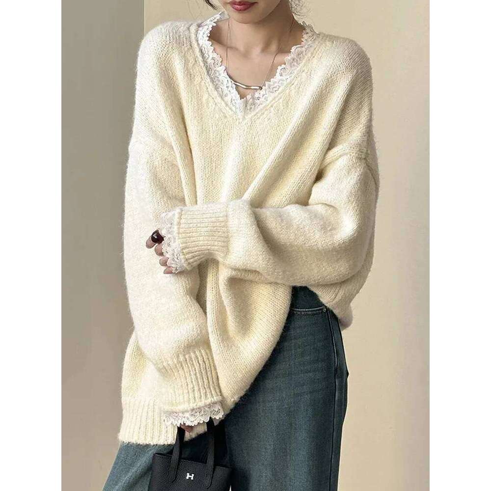 Aoaiiys Women V Neck Lace Spliced Pullovers Vintage Chic Knitted Jumpers Autumn Winter New Comfortable Loose Sweaters