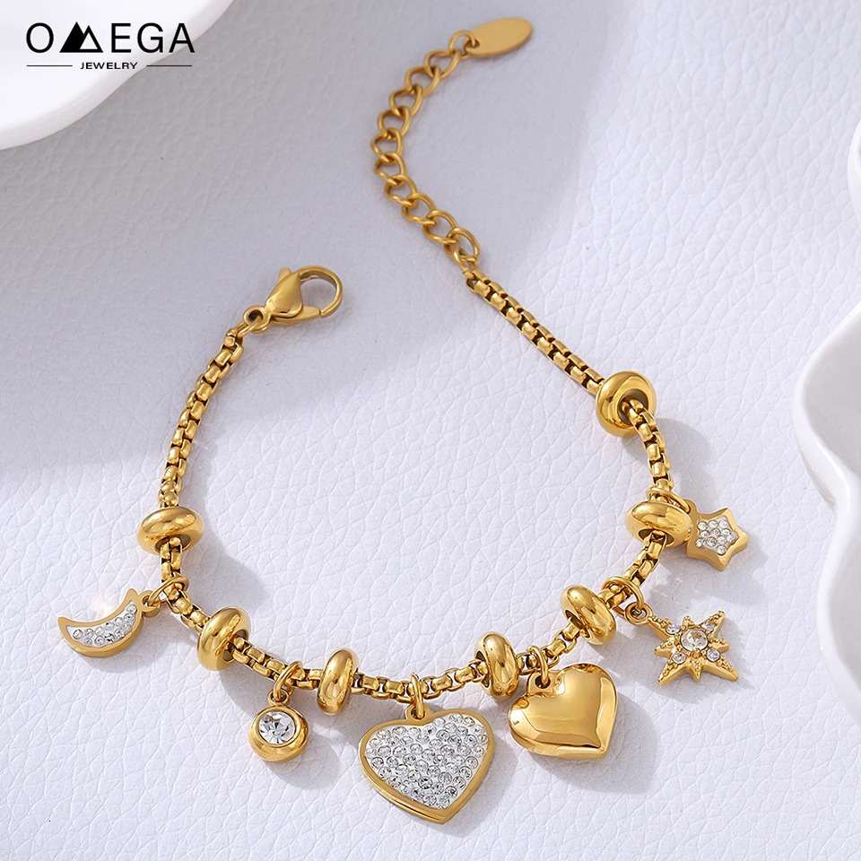 316L Stainless Steel Heart Charm Bracelets For Women 18k Gold Plated Various Pendants With Shining Zircon Womens Hand Bracelet 251028