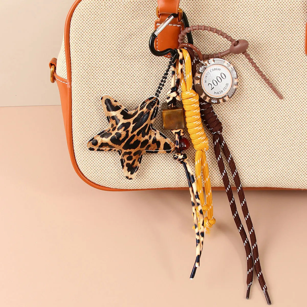 Fashion Leopard Starfish Keychain Cute Leather bag Charms Women Bag Ornaments Accessories Braided Rope Keyring 251029