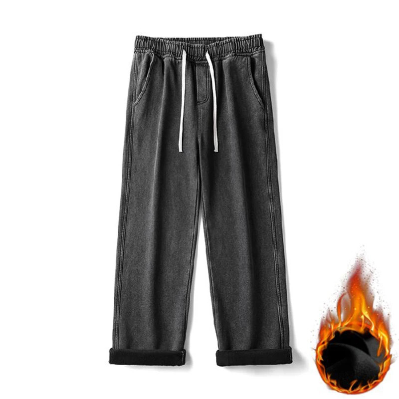 Mens Winter Fleece Loose Jeans Velvet Warm Elastic Waist Wide Leg Y2K Denim Pants Straight Comfortable Mens Clothing 251029