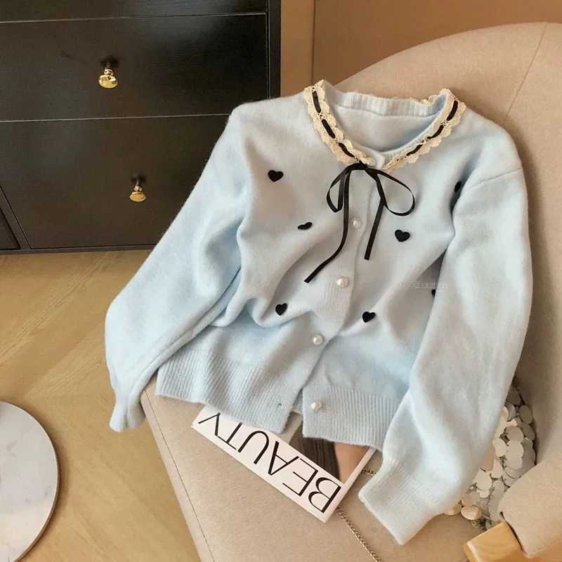 Hearts Spliced Sweater for Women Spring Autumn Harajuku Lace Patchwork Knitted Cardigan Chic Bows LaceUp Button Cardigan JacketT251028