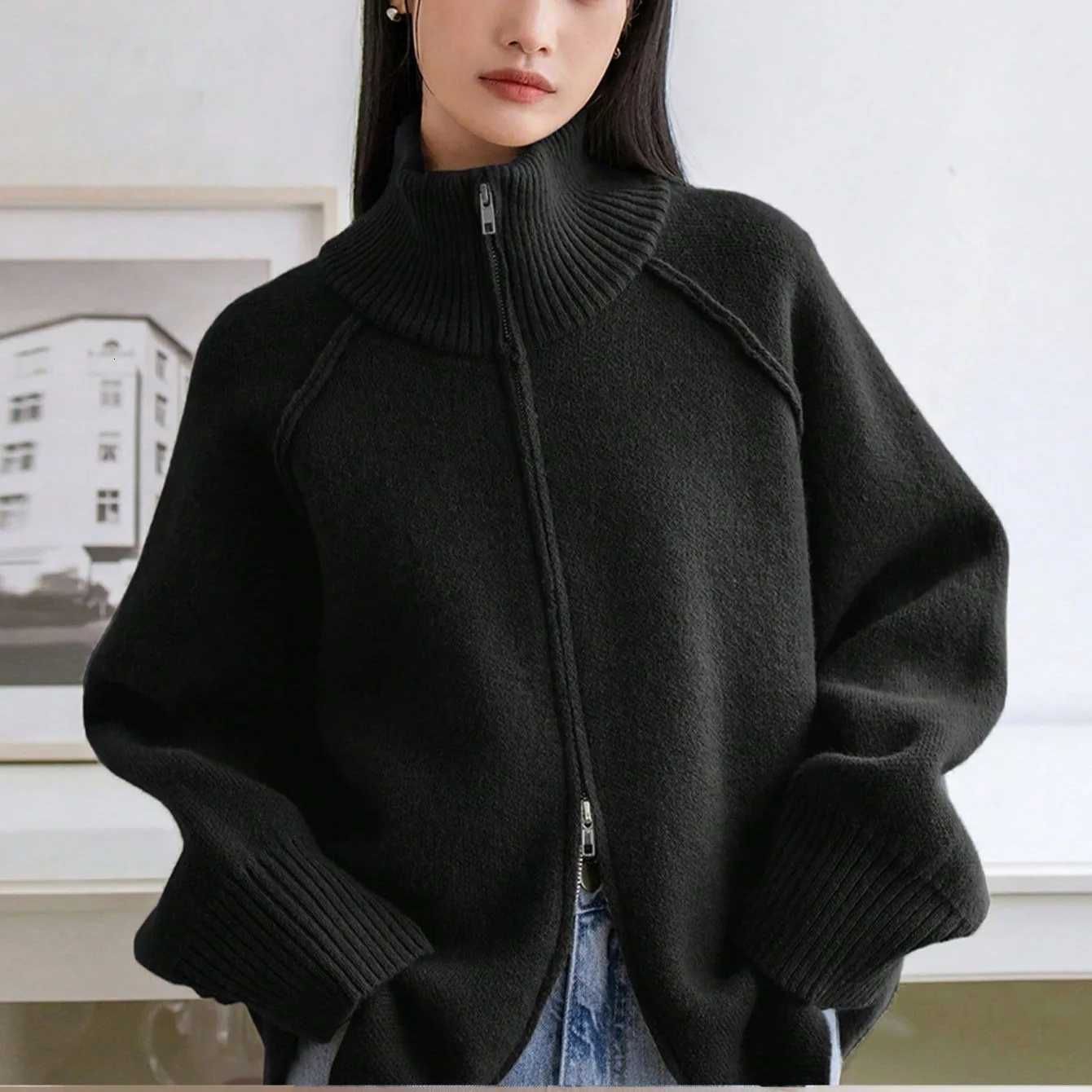 Cardigan Women Sweaters Zipper Coats Stand Collar Full Sleeve Jumpers Y2k Streetwear Elegant Knit Open Stith Autumn WinterT251028