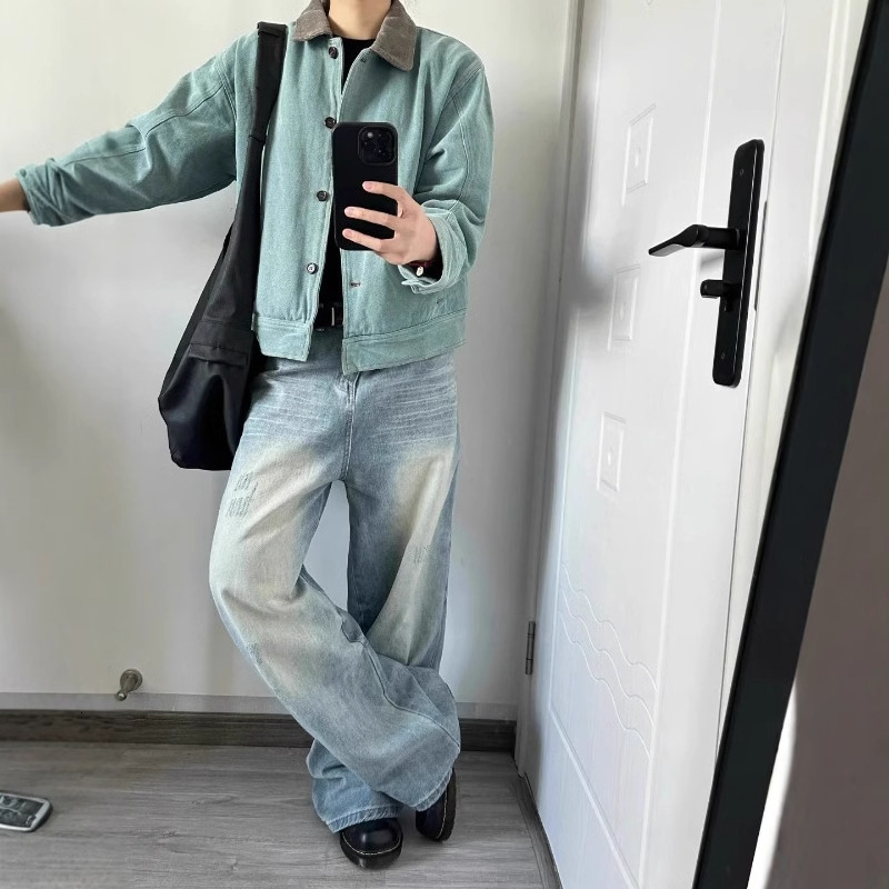 Trendy Right Shoulder Jacket Men Peacock Green Short Autumn Winter Washed Vintage Turn-down Collar Color-blocking Workwear Designer Jacket Jacket Soft
