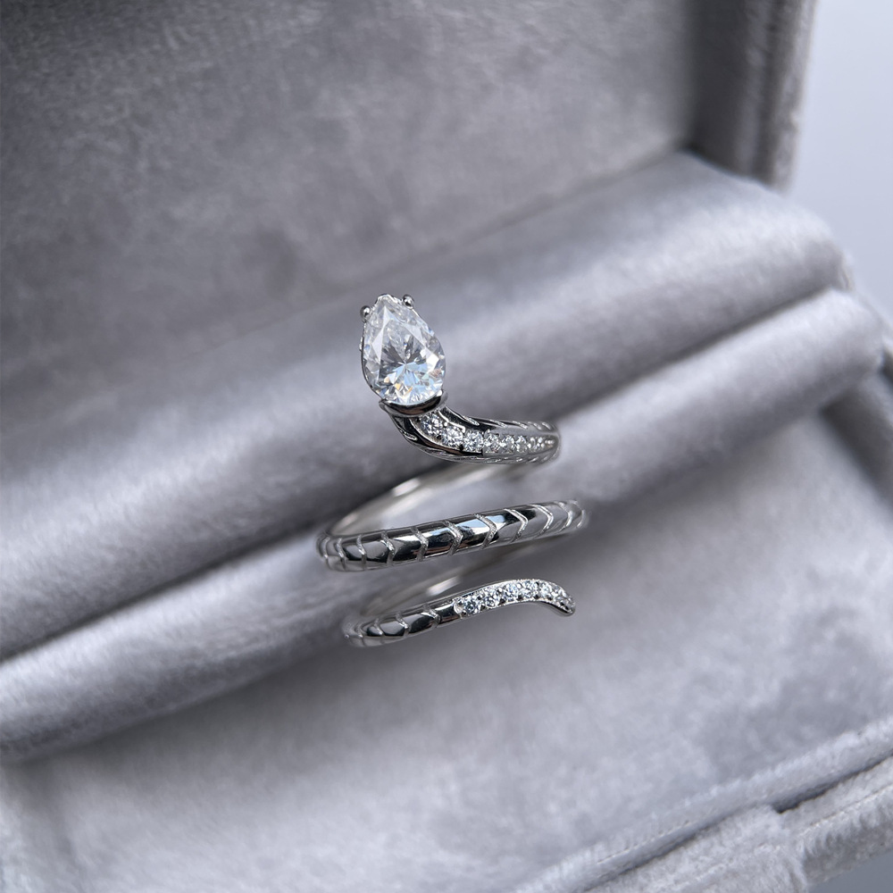 TaiYang 0.8ct Teardrop Moissanite Snake Ring for Women, Adjustable Luxurious 925 Sterling Silver Wedding Engagement Diamond Ring with Moissanite Certi