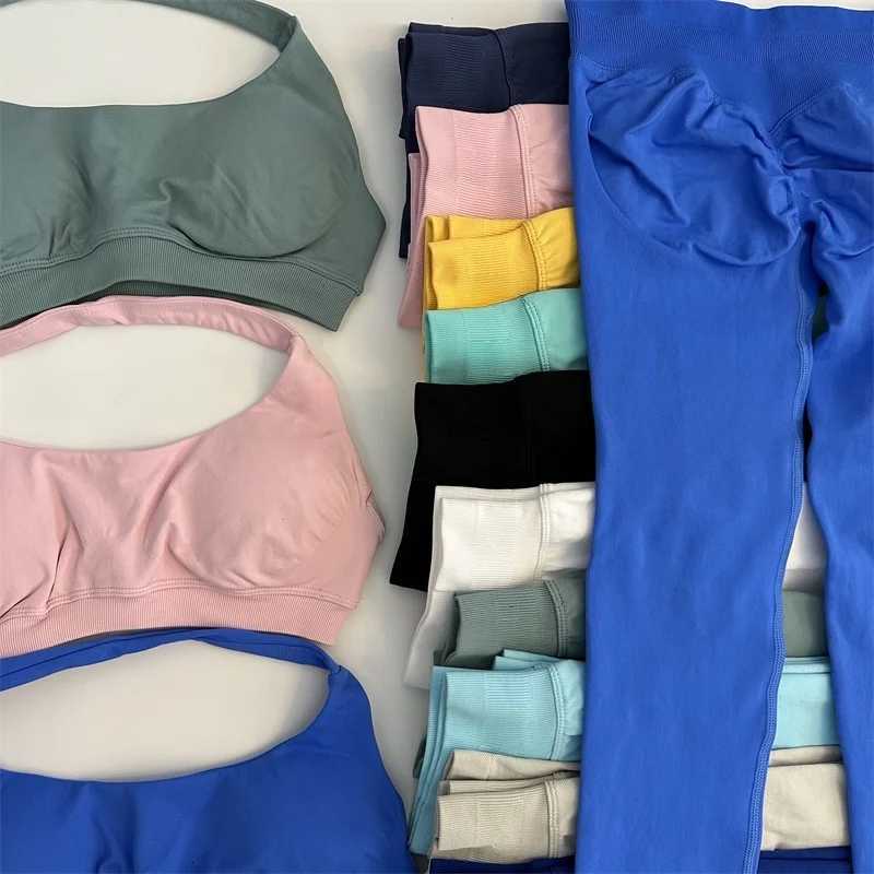 No Yoga Legging Sets for Women Seamless Yoga Set Scrunch Butt Legging Set Workout Gym Suit with Halter Crop TopXJ251029