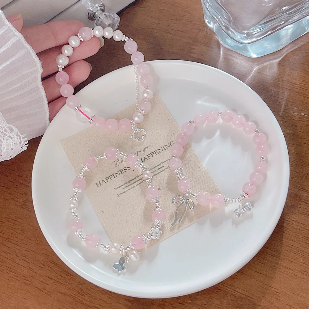 Ultra Pink Crystal For Women FourLeaf Lucky Clover Butterfly Sweet Girl Beaded Bracelet Friend Jewelry 251024