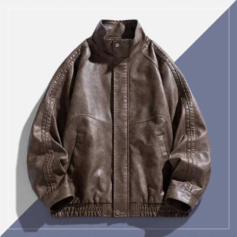 Autumn Man Leather Jacket Streetwear Motorcycle Punk Male Outerwear Stand Collar Long Sleeve Zipper Oversize Men Bomber CoatT251029