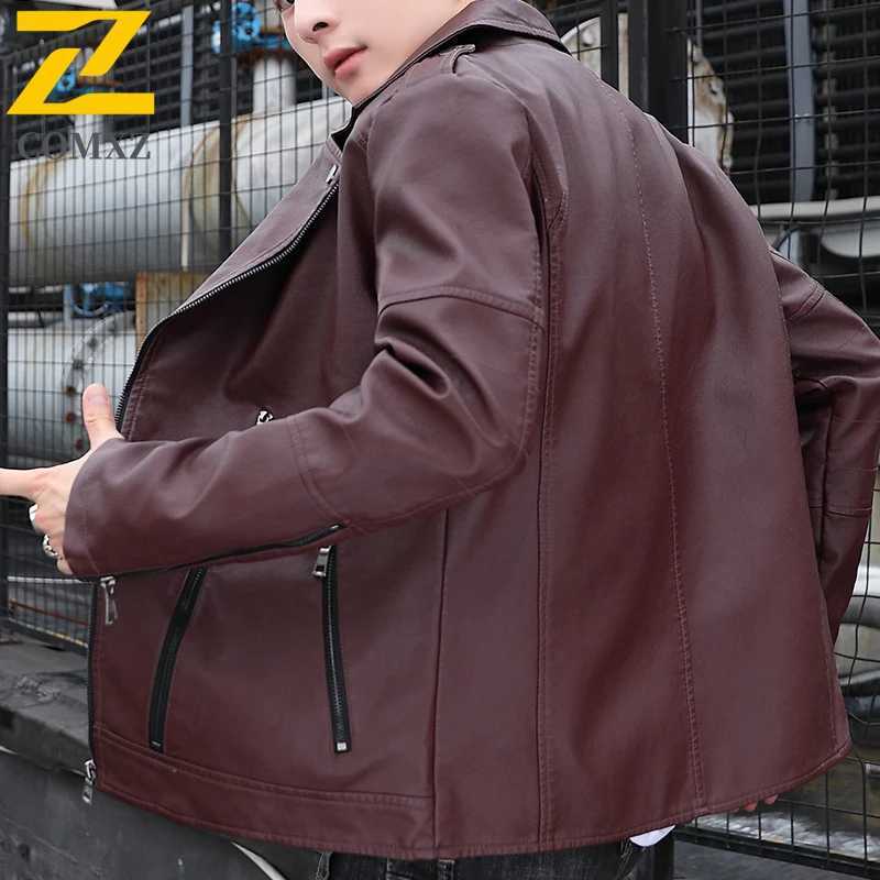 COMXZ Mens PU Leather Jacket New Luxury Elegant Suit Collar Cycling Leather Coat Trendy Slim Windproof Spring Autumn OuterwearT251029