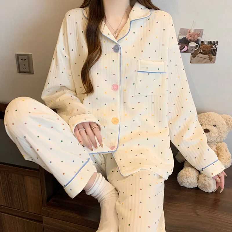 Korean Style Ins Colorful Dot Air Cotton Pajamas for Women Thickened Layered Long Sleeve Homewear Set for Autumn and WinterT251029