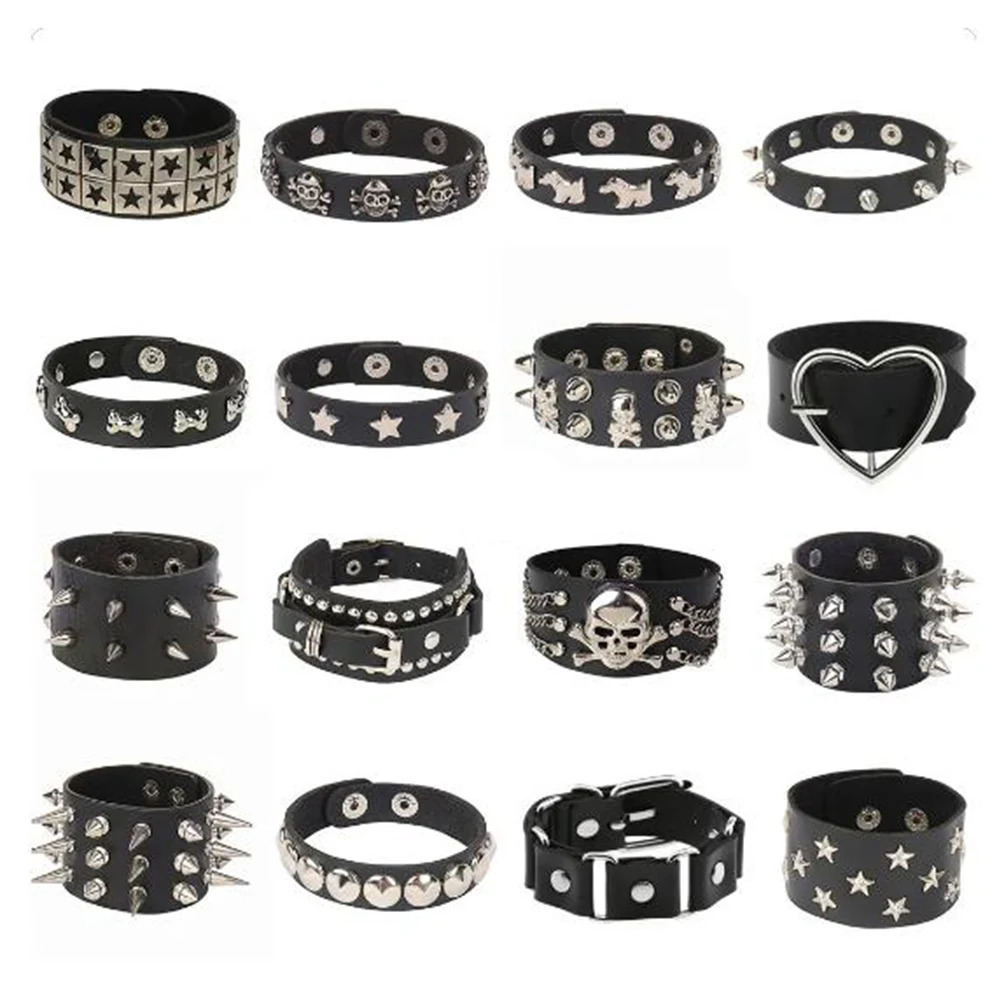 Fashion Star Skull Spike Bracelet Punk Rock Heart Bracelet Black Studded Pu Leather Bracelet for Men Women Man Jewelry Gift 251028