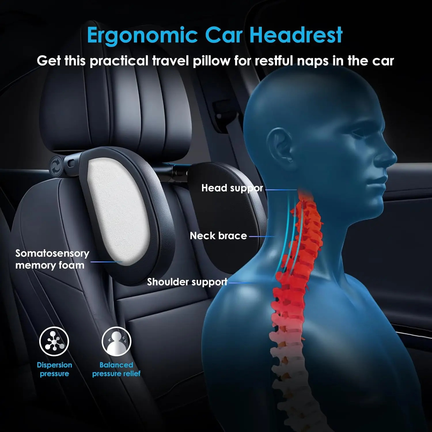 Memory Foam Car Pillow for Travel Adjustable Neck Support Cushion UniversalHeadrest for Passenger Seat 251029