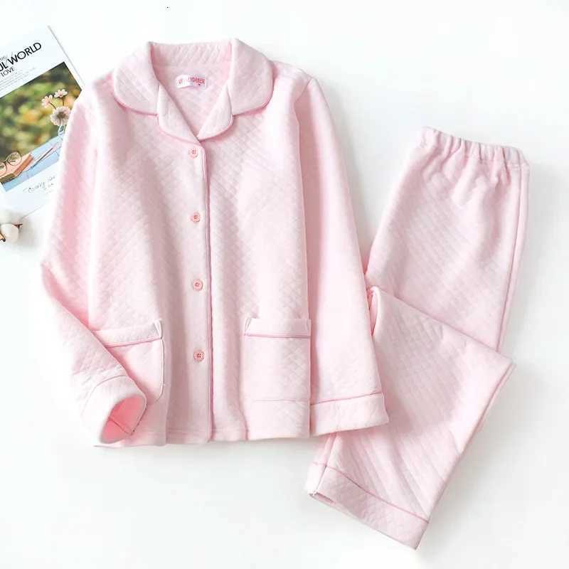 New autumn and winter pajamas ladies pure cotton longsleeved thick warm winter home service suit solid color cardigan sleepwearT251029
