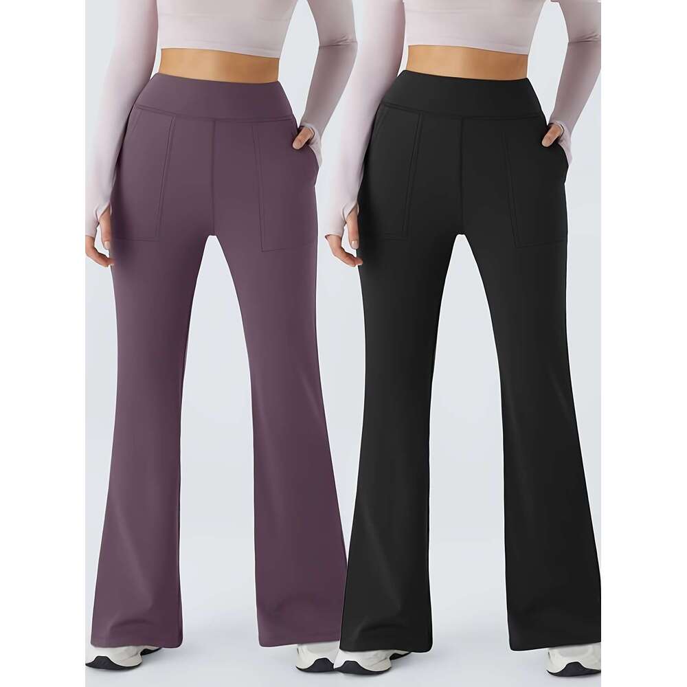 2pcs High-Waist Women's Flare Leg with Front Pockets - Stretchy, Slimming Casual Bell Bottoms for Workout, Comfortable Long Trousers in Purple & 