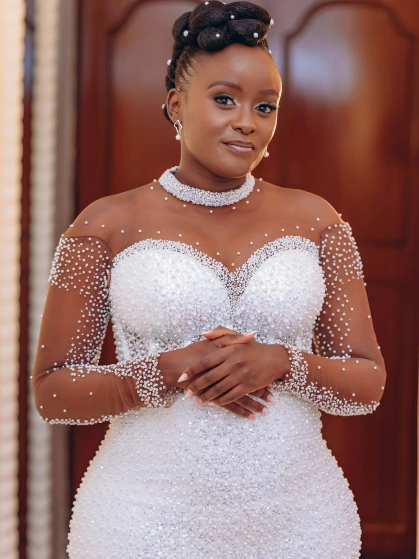 Graceful Pearls Wedding Dresses Sequins High Neck Bridal Gowns Sheer Long Sleeves Princess Mermaid Customized Vestidos De Novia Plus Size
