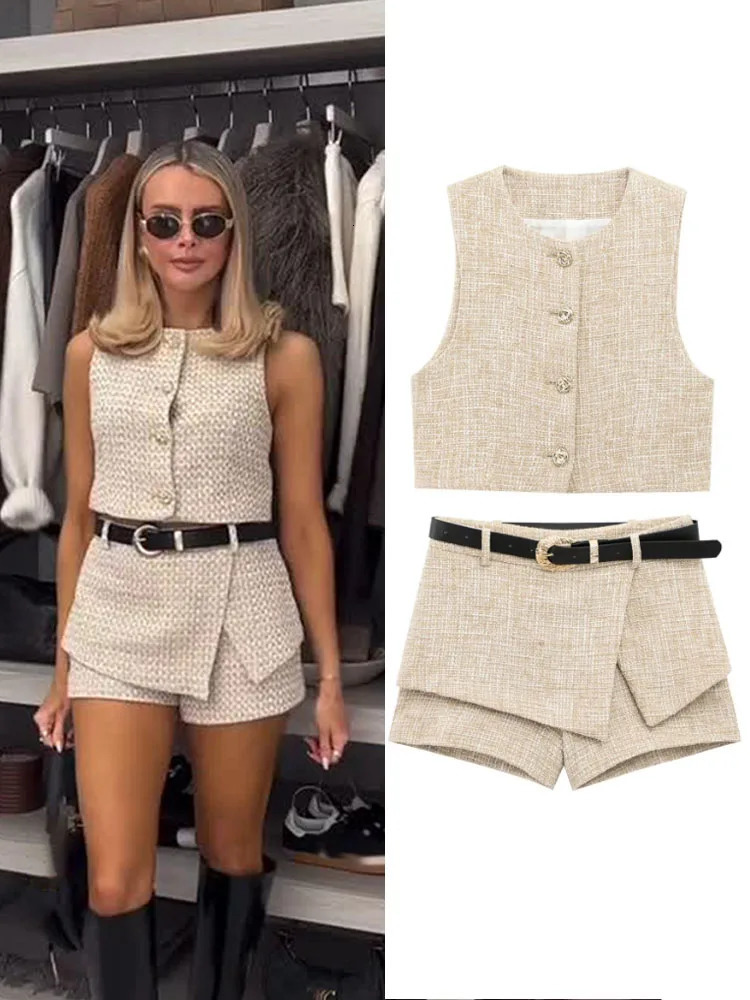 HH Women Elegant Sets ONeck SingleBreasted Waistcoat TopsSummer Slim Office Lady Texture With Belt Culottes Shorts Suits 251029