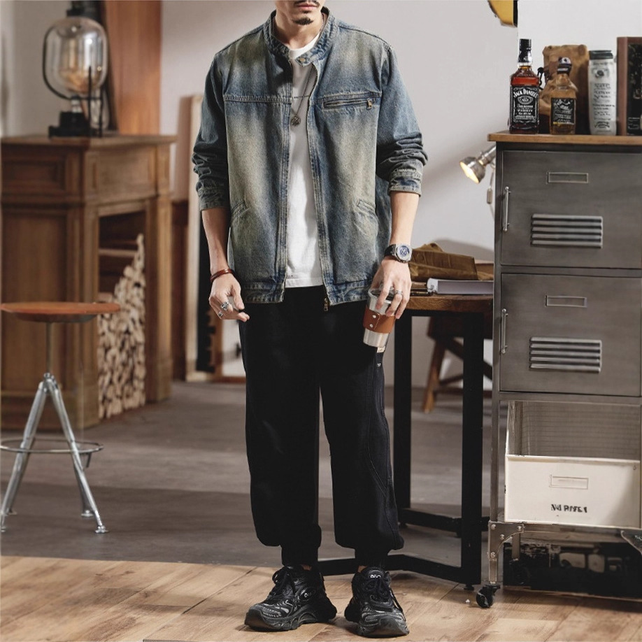 American Style Zipper Denim Jacket For Men Spring And Autumn Trendy Cool Casual Loose Washed Vintage Designer Jacket Workwear Jacket