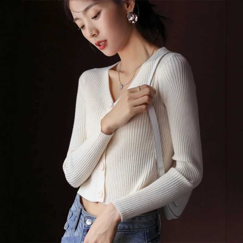 Womens Knitted Cropped Cardigans Autumn New Korean AllMatch VNeck Knitwear Jacket Ladies Solid Color SingleBreasted SweatersT251028