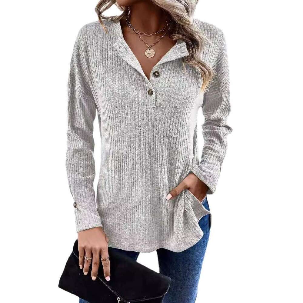 Spring And Autumn Button Ribbed Knitted Tops Casual Sweater All-Match Solid Color Long-Sleeved Pullover V-Neck Top