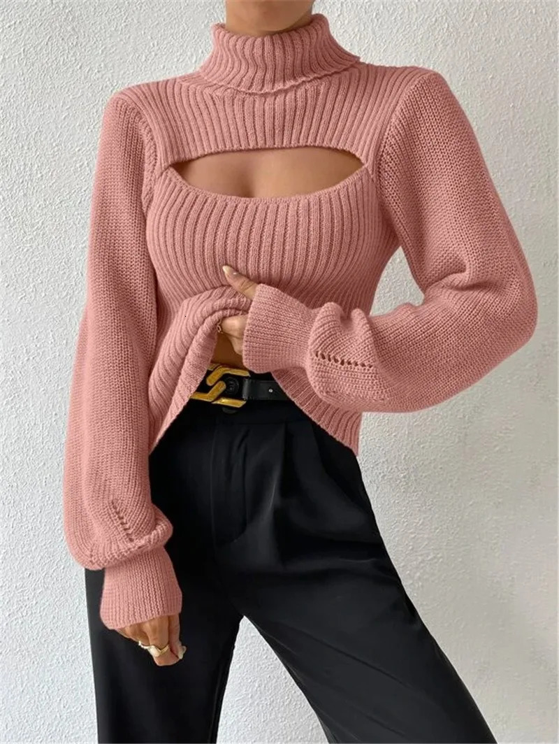 Autumn and Winter Sweater Sexy Loose Versatile High Neck Hollow Breast Leakage Sweater Women 251029