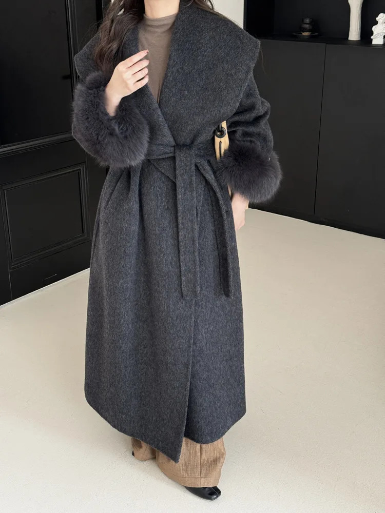 BJTZ Fox Hair Cuffs Doublesided Cashmere Coat Women Autumnwinter Midlength Laceup Loose Fashion Simple 251028
