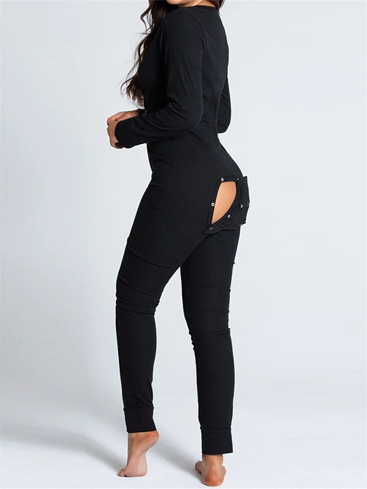 Women Jumpsuits Pajama Long Sleeve V Neck Bodycon Hip Detachable Crotch Romper Playsuits Casual Loungewear 251029