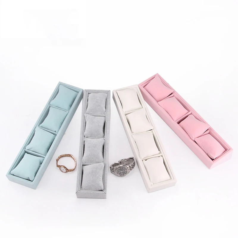 4 Grids Bamboo Wood Velvet Jewelry Organizer Display Tray with Soft PillowNecklaces Bracelet Bangle Watches Storage Holder 251013