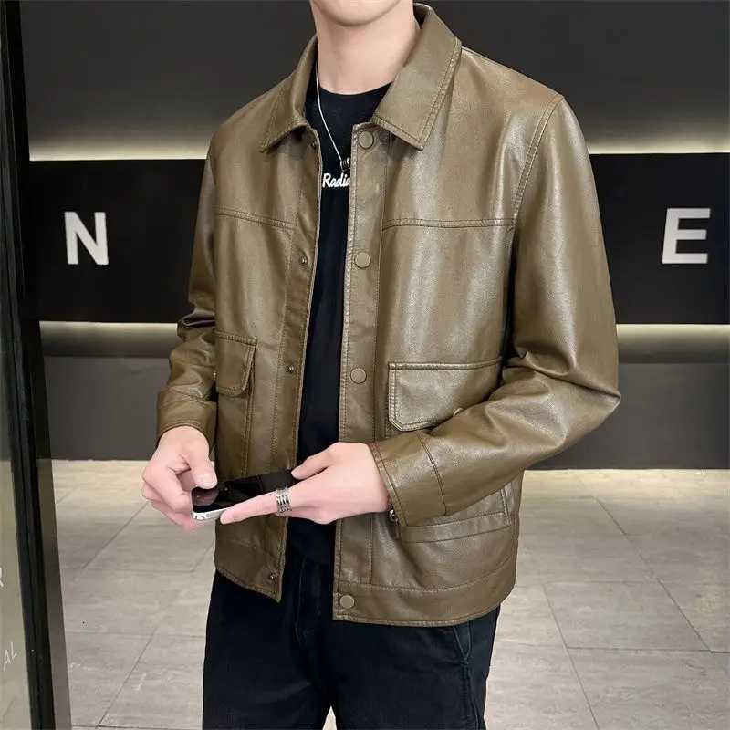 Mens Leather Jacket Mens Spring Autumn New Shirt Lapel Trend Motorcycle Leather JacketT251029
