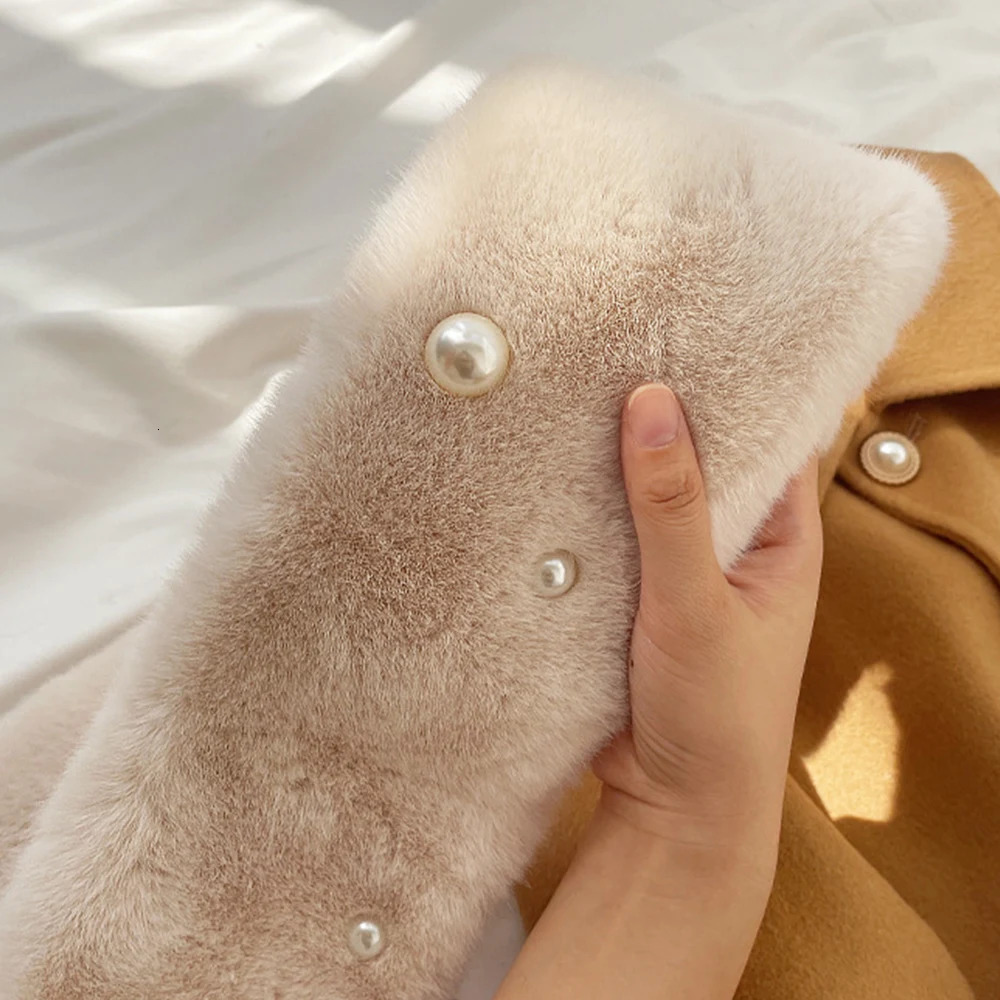 Pearl Faux Rabbit Fur Scarf Women Cute Neck Warmer Winter Warm Soft Furry Scarves Outdoor Windproof Cross Scarf Collar 251029