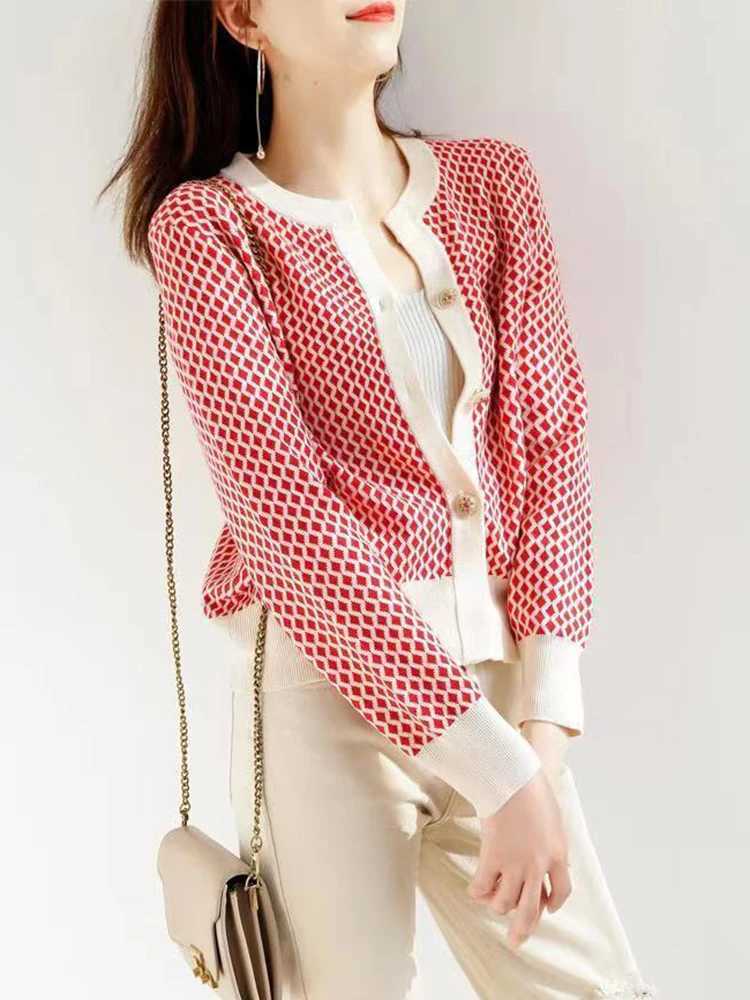 Korean Fashion Plaid Sweaters Cardigan Knitted Sweater Women Autumn Winter Short Cardigans Long Sleeve Cardigan Female TopsT251028