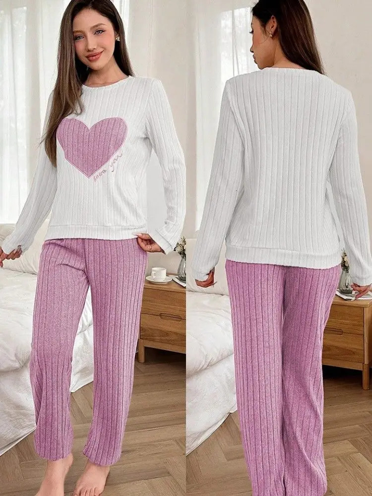 Women Sleepwear Autumn Winter Pajamas Set Casual Heart Printed Long Sleeve Tops and Trouses Sets Homewear Loungewear 251029
