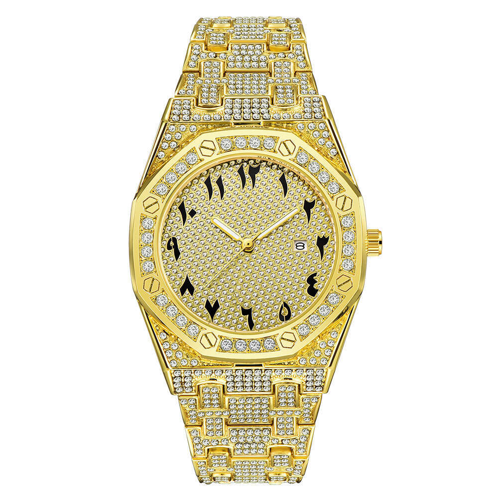 Men's Hip-Hop Diamond-Studded Brand Cool gold Calendar Quartz Watch Niche Light Luxury Style