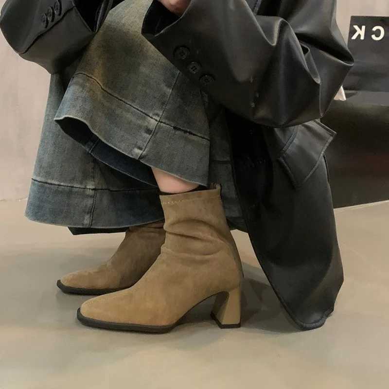 Vintage Women Ankle Boots 2025 Fashion Square Toe Thick High Shoes Autumn Winter New Ladies Elegant Stretch Slim Short Booties Z251029