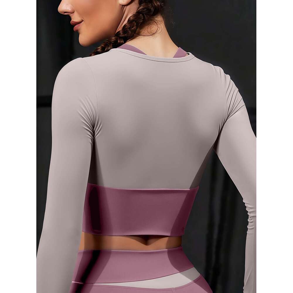 2pcs Women's suit Colorblocked design Long sleeves Built-in bra pads Matching leggings Suitable for cycling, fiess, yoga, running sports