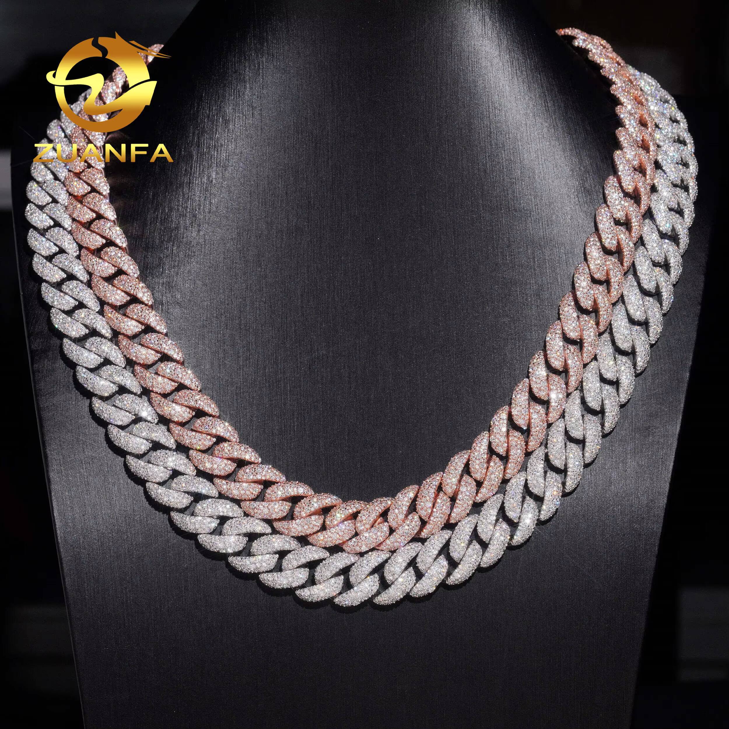 Mosaic Setting14mm Round Brillant Cut Moissanite Diamond Hip Hop Jewelry 14mm Moissanite Cuban Link 925 Silver Iced Out Chain