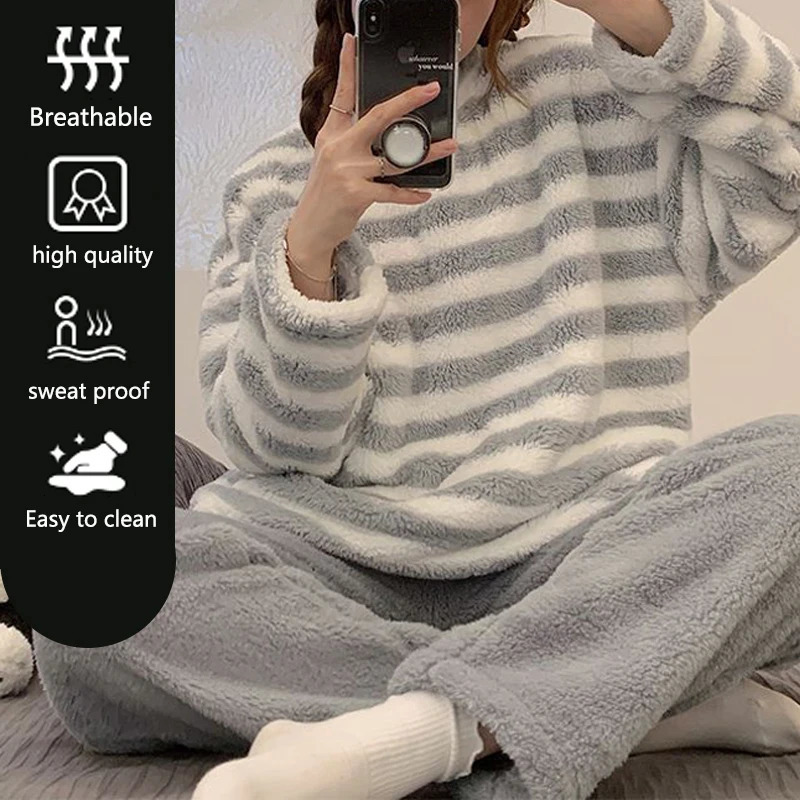 2PCSSet Padded Thickened Warm Fall and Winter LongSleeved Soft Pajamas Women Flannel Outside Striped Homewear Large 251029
