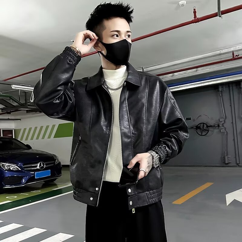 American Style Men's Leather Jacket Designer Jacket Spring Autumn Fashion Trendy Brand Cool Versatile Turn-down Collar Jacket New Men's Shor