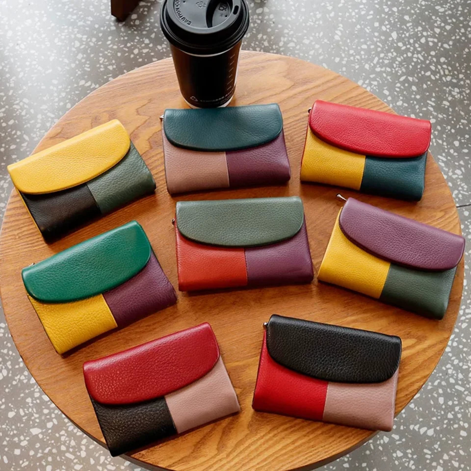 Women Tricolor Wallet Cow Leather Card Holder Clutch Zipper Coin Pocket Short Wallet Cash Purse With Po ID Window 251029