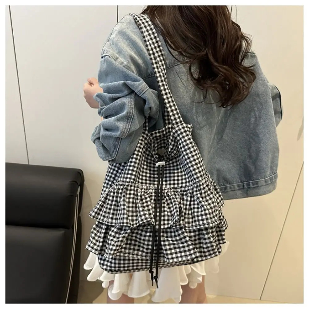 Allmatch Korean Style Lotus Leaf Shoulder Bag Large Capacity Fashion Drawstring Bag Cloth Cute Plaid Tote Bag Storage Bag 251029