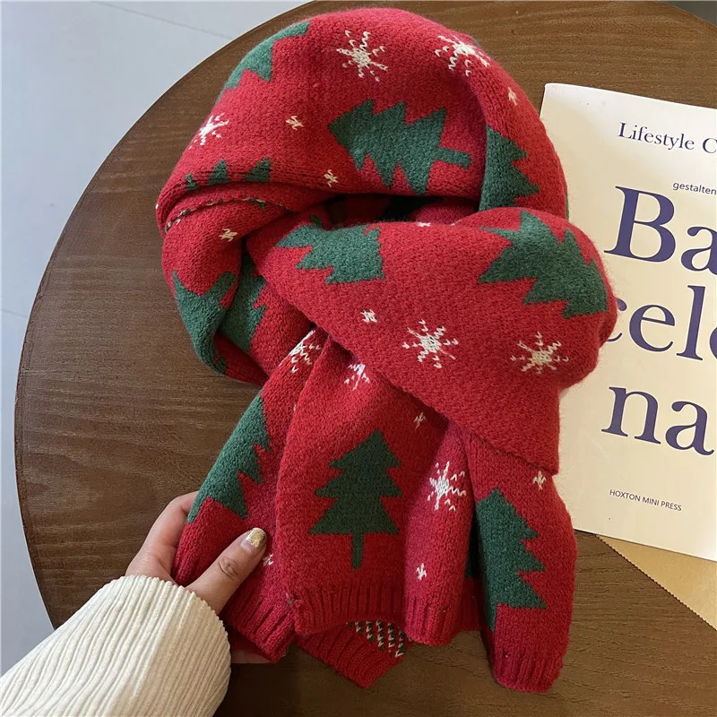 1 Pairs Christmas Tree Red Knitted Scarf Womens Match Christmas Gift Autumn and Winter Warm Neck Protection Scarf Green Scarf 251029