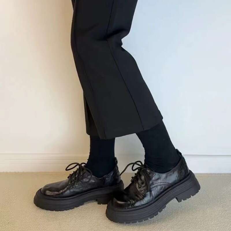 British Style Cross Lace Designer Shoe Genuine Leather Thick Sole Women's Loafers 2025 Autumn Round Toe Chunky Heel Single Shoes