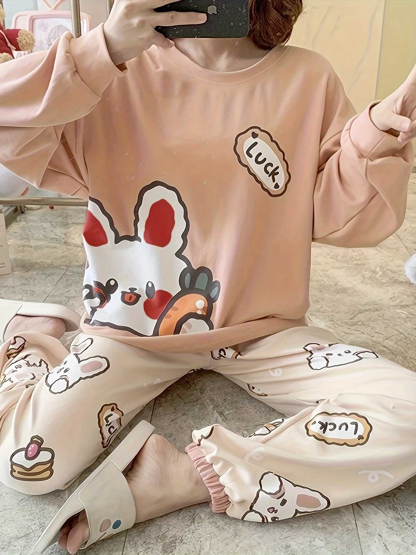 New Womens Pajama Set for Spring Autumn Winter Cute Rabbit Long Sleeve Cartoon Style Plus Size Suitable for Students T251029